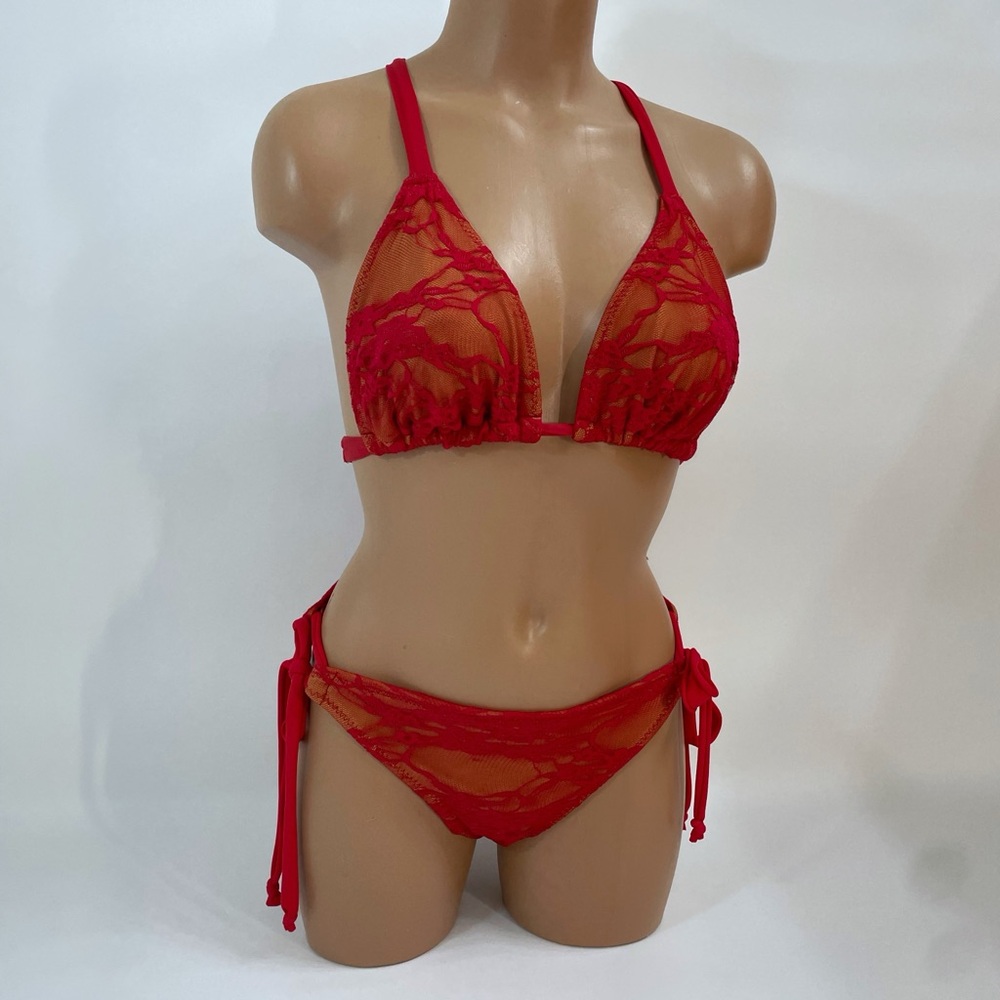 Red lace, thong string, bikini bottom